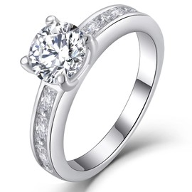 YL Engagement Ring 925 Sterling Silver Cut 5A Cubic Zirconia Ring Solitaire Wide Band Jewellery Gift for Women, Silver, Cubic Zirconia