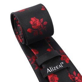 Alizeal Mens 8cm Floral Necktie with Hanky Classic Fashion Business Tie and Handkerchief Set, Black+Red