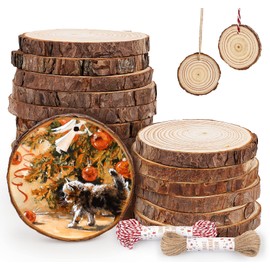 ilauke Wood Slices, 20 Pcs 3.5"-4" Natural Wood Rounds with Predrilled Hole, Wooden Circles with Bark, Unfinished Wood Kit for Paint DIY Ornaments Christmas Crafts Arts Wedding Decorations
