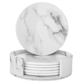 Coaster Round, White Marble Leather Tea Coaster Home, Coffee Shop, Bar, Hotel Non-Slip Drink Pad and Storage Box Combination Set Marble Pattern