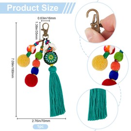 Beebeecraft Boho Keychain Green Tassel Bag Charm Pompom Wood Bead with Swivel Clasp Pendant Decoration Hanging Ornament for Women Gift