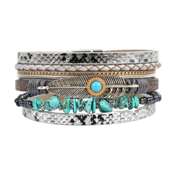KunBead Silver Leather Sparkly Wrap Bracelets for Women Feather Handmade