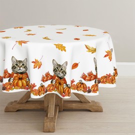 Artoid Mode Cats Maple Leaves Scarves Pumpkins Autumn Table Cloth, Round 140 cm Fall Decorative Table Cover Protector For Party Home Table Decorations