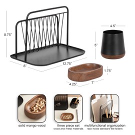 Kate and Laurel Koni Modern Three-Piece Home Office Organization Set, 13 x 8 x 9, Walnut Brown and Black, Wood and Metal Organizational Set for Office with File Folder Holder