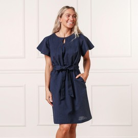 Hope & Henry Women's Bell Sleeve Linen Keyhole Dress, 2, Navy Linen