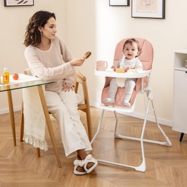 HONEY JOY High Chair, Foldable Baby Feeding Chair, Adjustable Tray & Footrest, Removable Easy-to-Clean PU Seat Cushion, 5-Point Harness, Cup Holder, Highchairs for Babies and Toddlers (Pink)