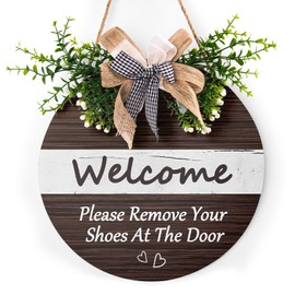 Welcome Please Remove Your Shoes Sign Wreath for Front Door, Take Your Shoes At The Door Sign 12"x12" for Front Door Funny Welcome Round Wood Hanging with Buffalo Plaid Bow for Home Porch Yard