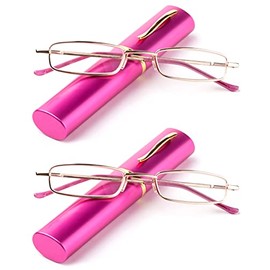 2 Packs Nebee Fashion Pocket Readers Ultra Slim Compact Reading Glasses Spring Temple w/ Portable Nebee Fashion Pocket Clip Aluminum Case Pink +1.50