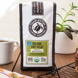 Charleston Coffee Roasters | Specialty Organic Whole Bean Coffee | Hand Picked, Premium Slow Roast (SWP Decaf, Dark Roast) 12 Oz