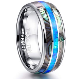 NUNCAD 8mm Male Female Tungsten Carbide Wedding Ring Abalone Shell and Blue Opal inlaid Comfort Fit Size V½