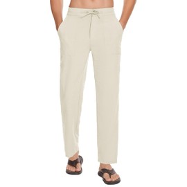 SEVEGO Mens Casual Linen Pants 34'' Elastic Waist Drawstring Straight-Legs Summer Beach Loose Fit Trousers Beige, L