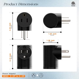 Nema 5-15R to 5-15P Right Angle Power Adaptor, Right Angled USA 3-Prong Male-Female Adapter,90 Degree Angled USA Male Female Power Adapter PA-0209