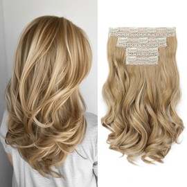 HOOJIH Hair Extensions, Clip in Hair Extensions 4PCS Hair Extension 14" Short Curly Clip on Hair Extensions Invisible Lace Weft Natural Soft Hairpieces for Women - Golden Blonde with Highlights