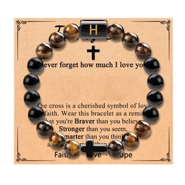 ChicGlowz To My Son Bracelet from Mom,Tigers Eye Cross Initial A-Z Natural Stone Beads Bracelet, Graduation Gifts for Son Boyfriend Brother Grandson Friends （H）