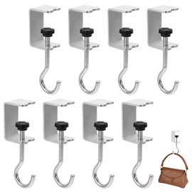 cobee Clamp-On Under Desk Hooks, Desk Mount Hanging Bag Holder Metal Hook Adjustable Headphones Clamp Organizer Portable Purse Hanger Clip Reduce Desk Clutter Table Desk Under Counter(8 Pcs, Silver)