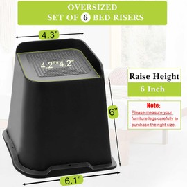 Yookwutar Bed Risers 2 inch, 3 inch, 4 inch, 6 inch, 8 inch Heavy Duty, Oversized Furniture Riser for Couch Sofa Table Chair Leg Frame Dorm, Support up to 6000 Lbs (Black 6 Pack, 6 inch)