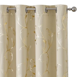 BUHUA Blackout Curtains Gold Foil Print Flower Vine Grommet Drapes, Room Darkening Thermal Insulated Curtains, Noise Reducing Curtain for Bedroom, Beige, 66Wx63L, 2 Panels