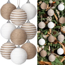 Syhood 9 Pcs 2.36 Inch Christmas Ball Ornaments Boho Farmhouse Jute Rope Hanging Balls Burlap Neutral Rustic Ornaments for Xmas Tree Holiday Wreath Garland Wedding Home(Linen, Cream White)