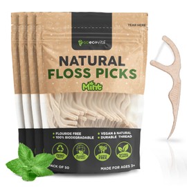 Biodegradable Floss Picks - Natural Straw Wheat Handle | Thin & Durable Thread for Tight Gaps! | Dental Flossers for Adults | Gentle on Gums & Teeth | Eco Friendly, Vegan, Natural (200 Pack, Mint)