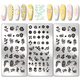 PH PandaHall 3pcs Flower Nail Stamping Plates Rose Nails Art Stencils Leaf Plants Nails Image Plates Daisy Naisl Design Stamp Plate Heart Star Nail Art Templates for Women Manicure Salon DIY Print