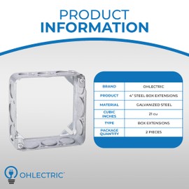 OHLECTRIC 4" Steel Box Extensions 1-1/2" Deep with 1/2" & 3/4" KO, UL Listed – Made of Galvanized Steel, Increased Wiring Capacity OL-59602-2 (Pack of 2)