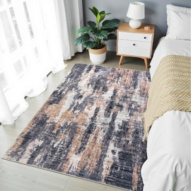 Modern Abstract 3x5 Rug, Brown Area Rug Entryway Rug, Machine Washable Non Slip Rugs for Bedroom, Low Pile Stain Resistant Distressed Rug for Nursery, Living Room, Dining Room, Blue Brown