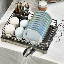 YZHDUXIU Dish Drying Rack, Large Capacity Dish Rack with Automatic Drainboard, Dish Racks for Kitchen Counter, Durable Dish Drainer with Utensil Holder & Cup Holder for Plates, Glasses (Gray)