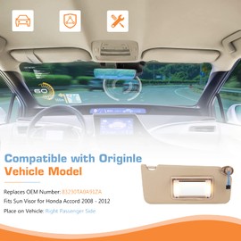 Hurotoms Sun Visor for Honda Accord 2008-2017, Right Passenger Side Beige Sunvisor with Light, Replacement 83230TA0A91ZA