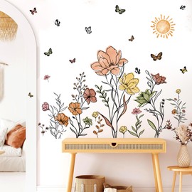 Boho Flower Wall Decals Watercolor Flower Plants Wall Stickers Wildflower Floral Walls Decals for Living Room Peel and Stick Modern Line Butterflies Art Murals for Girls Bedoom Office Home Decoration