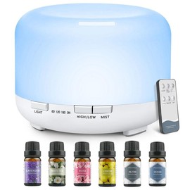 500ML Aromatherapy Oil Diffuser, Auto Shut Off (When Water Runs Out) Essential Oil Aroma Diffuser with 6 Bottle 10ML Essential Oil Set (Lavender/Rose/Jasmine/Lemon/Hilton/Ocean) for Home Office Bedroom - Color: Pure white