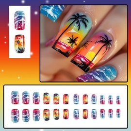 24 Pcs Summer Beach Press on Nails Medium Square,YIHONGYAN Orange Fake Nails Press ons Coconut Trees Sunset Nail Tips Acrylic Set Glue on Nails Full Cover False Nails Glossy Stick on Nails for Women