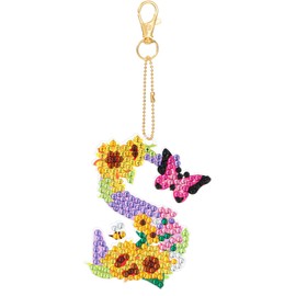 MWOOT Letter Diamond Art Painting Keychain, 5D DIY Sunflower Butterfly Diamond Pasted Painting Keyring Charm, Double Sided Full Drill Mosaic Crystal Diamond Craft Pendant for Backpack Handbag Decor(S)