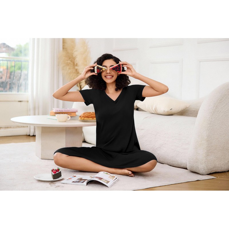 Marvmys Women’s Long Nightdresses Soft Cotton Nightshirt Short Sleeve V