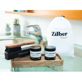 ZilberHaar - Beard Care Set for Men - 1 Regular Beard Brush + 1 Beard Balm + 1 Moisturiser + 1 Beard Apron - Hard Boar Bristles - Velvet Pouch