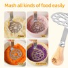 Wooden-handled potato masher, made of high-quality stainless steel, with a