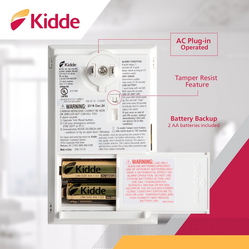 Kidde Carbon Monoxide Detector, Plug In Wall with AA Battery
