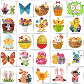 Glitter Temporary Tattoos Easter Basket Stuffers, 64Pcs Easter Decorations Basket Stuffers Individual Glitter Tattoos Easter Stickers Easter Egg Hunt Fillers Party Favors Gifts for Kids