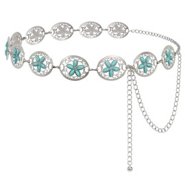 LEACOOLKEY Women Turquoise Concho Chain Waist Belt Silver Western Cowgirl Metal Chain Belt for Dress Adjustable, B-silver, Fit for Waist up to 34"