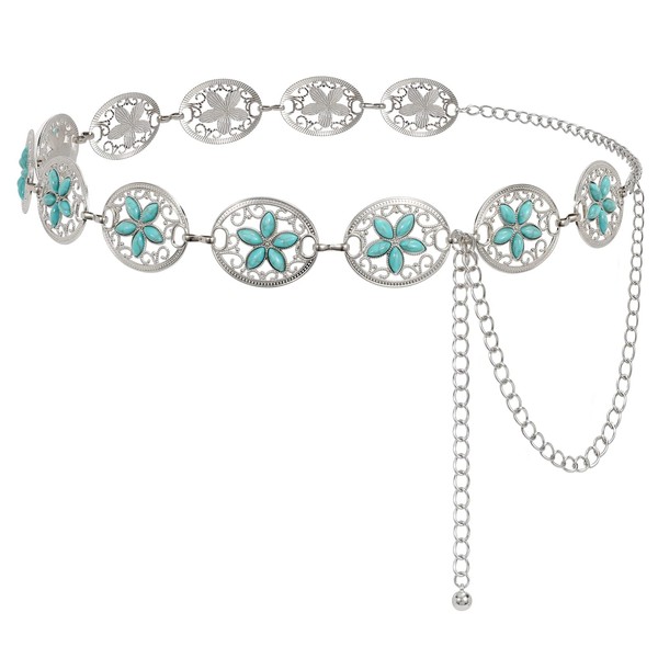 LEACOOLKEY Women Turquoise Concho Chain Waist Belt Silver Western Cowgirl