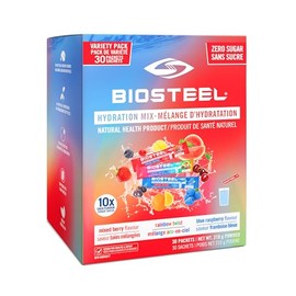 BIOSTEEL Paquete variado de electrolitos en polvo BioSteel: 30 sobres de hidratación con electrolitos esenciales, 3 sabores: Rainbow Twist, Blue Raspb