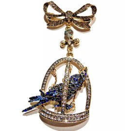 Unbranded Oversized BLUE CRYSTAL COCKATOO in BIRD CAGE BROOCH brass rhinestone bow pin 5B
