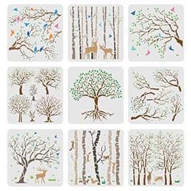 FINGERINSPIRE 9pcs Life of Tree Stencils 7.9x7.9 inch Aspen Trees/Life Tree Stencils Painting Stencil Reusable Tree and Flying Birds Stencils for Painting on Wood Canvas Paper Fabric Floor Wall Tile