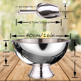 Mipau Large Champagne Bowl, 12L Ice Bucket with Scoop, Stainless Steel, Silver, Round, No Lid, Ice Bucket, BUCKET, ice-buckets, 16 inches, 12 liters