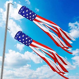 TURNMEON 2 Pack American USA Flag Windsocks 4th of July Decorations,Stars & Stripes Red White Blue Patriotic Decoration 40 Inch Windsock Outdoor Hanging Garden Yard Memorial Day Independence day Decor