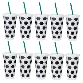 10 tazas de fútbol de plástico con tapas y pajitas, taza de bebida deportiva reutilizable de 24 onzas para regalos de fiesta de fútbol