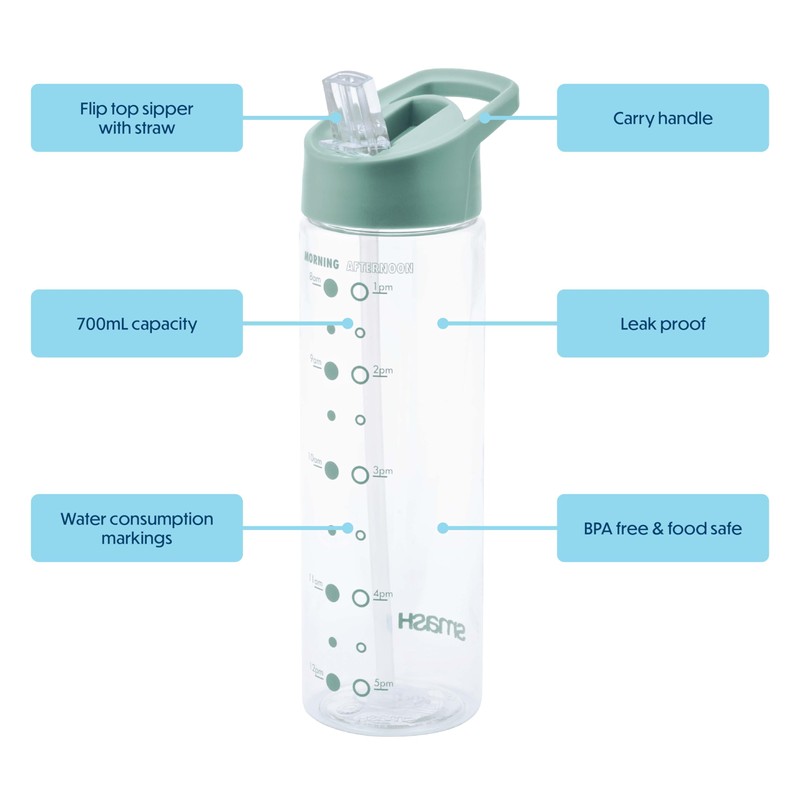 Smash Drink Bottle with Water Timings 700ml Sage, Grey