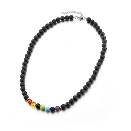 7 Chakra Beaded Stone Strand Necklaces for Women Men Luck Natural Black Rock Lava Gemstone Chokers Reiki Healing Stone Long Pendant Necklace Christmas Birthday Gifts-7 Chakra