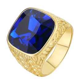 HIJONES Men's Gold Stainless Steel Simple Classic Square Gemstone Rings Blue Size Z+1