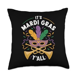 Fun Mardi Gras with Festive Feather Mask and Trumpets Throw Pillow