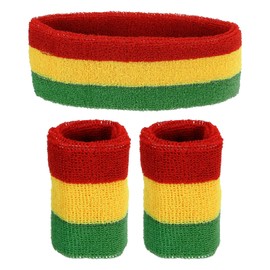 PATIKIL Sports Wristband and Headband Set 7x8cm Cotton Terry Cotton Sweat Band and 18x6cm Headband for Tennis Basketball Running Red Yellow Green (1 Headband + 2 Wristbands)